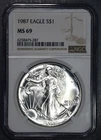 1987 $1 AMERICAN SILVER EAGLE UNCIRCULATED  1 oz .999 NGC MS 69 A6427