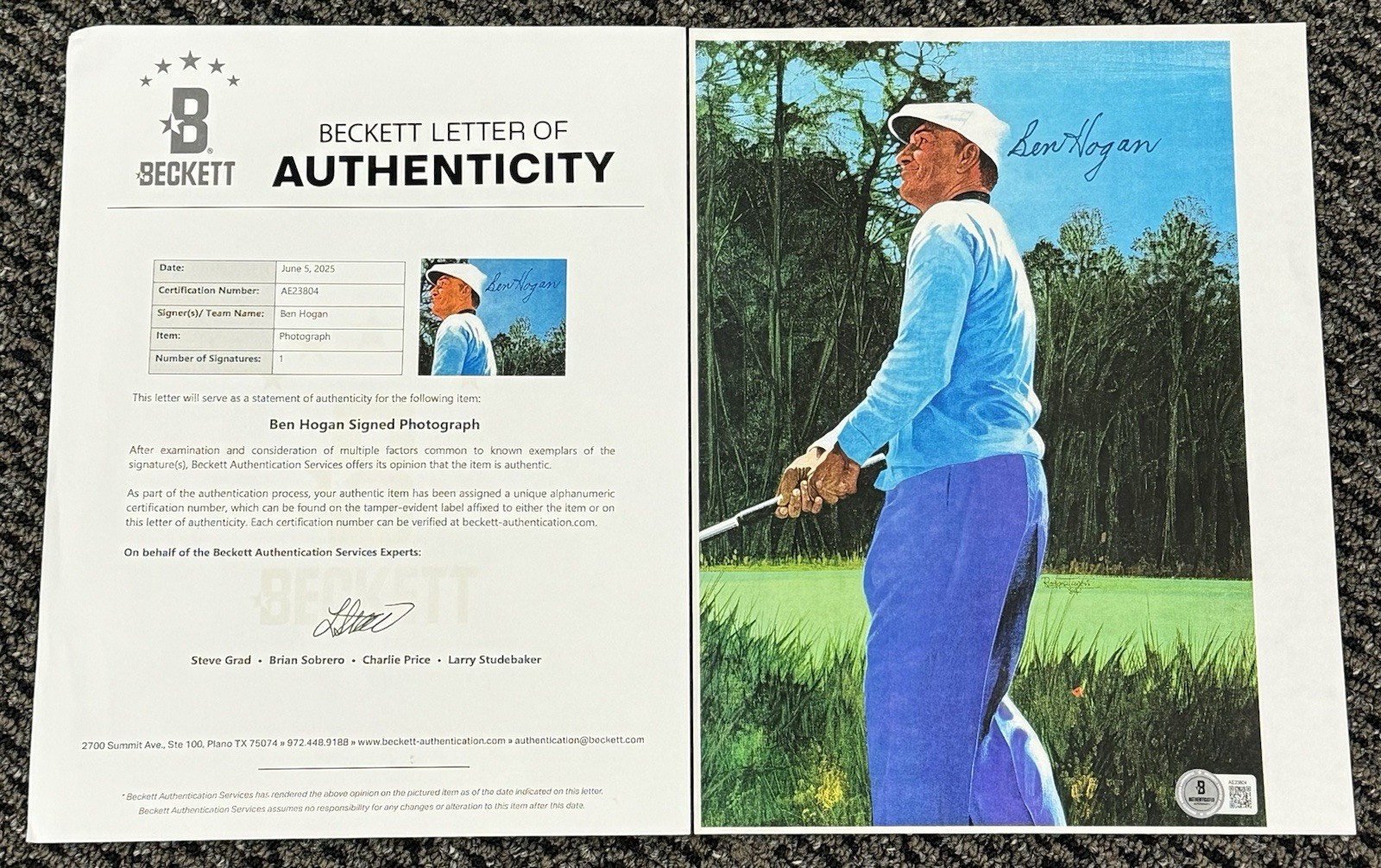 Ben Hogan Autographed Signed Magazine 8x10 Photo Page Sheet Beckett BAS LOA 