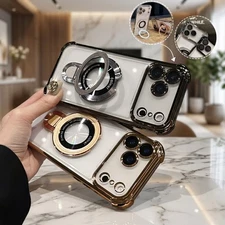 For iPhone 17 Pro Max 16 15 14 13 12 11 Soft TPU Clear Case with Plating Stand