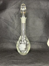 Vintage Toscany Etched Floral Clear Glass Decanter With Stopper Romania 16” Tall