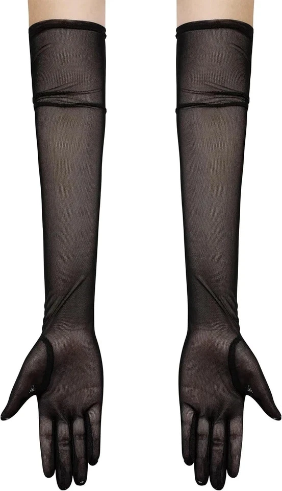 Hazhlko Mujer Largo Elástico Malla Tul Transparente Guantes Disfraz Boda Negro  Foto 2 de 4