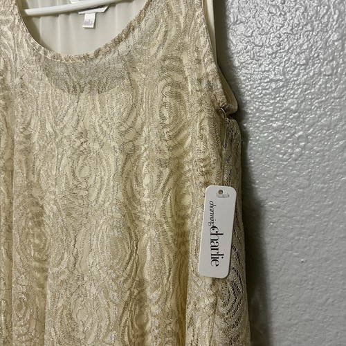 Charming Charlie Women's Blouse Size S Cream Colored w/Metallic Lace Contrast - Afbeelding 4 van 6