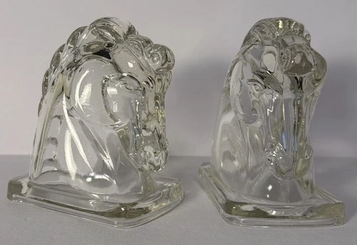 Vintage Pair Clear Federal Glass Horse Head Bookends Art Deco Stallions