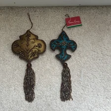 Set Of 2 Vatican Homes Tasseled Embroidered Fluer De Lis Ornaments Embellished