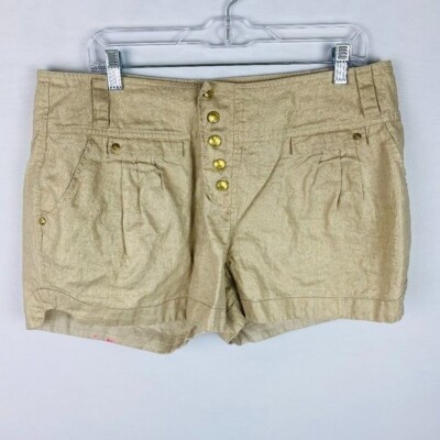 Rocawear Shorts Juniors Fancy Tan Gold Shimmery Linen Exposed Buttons 13