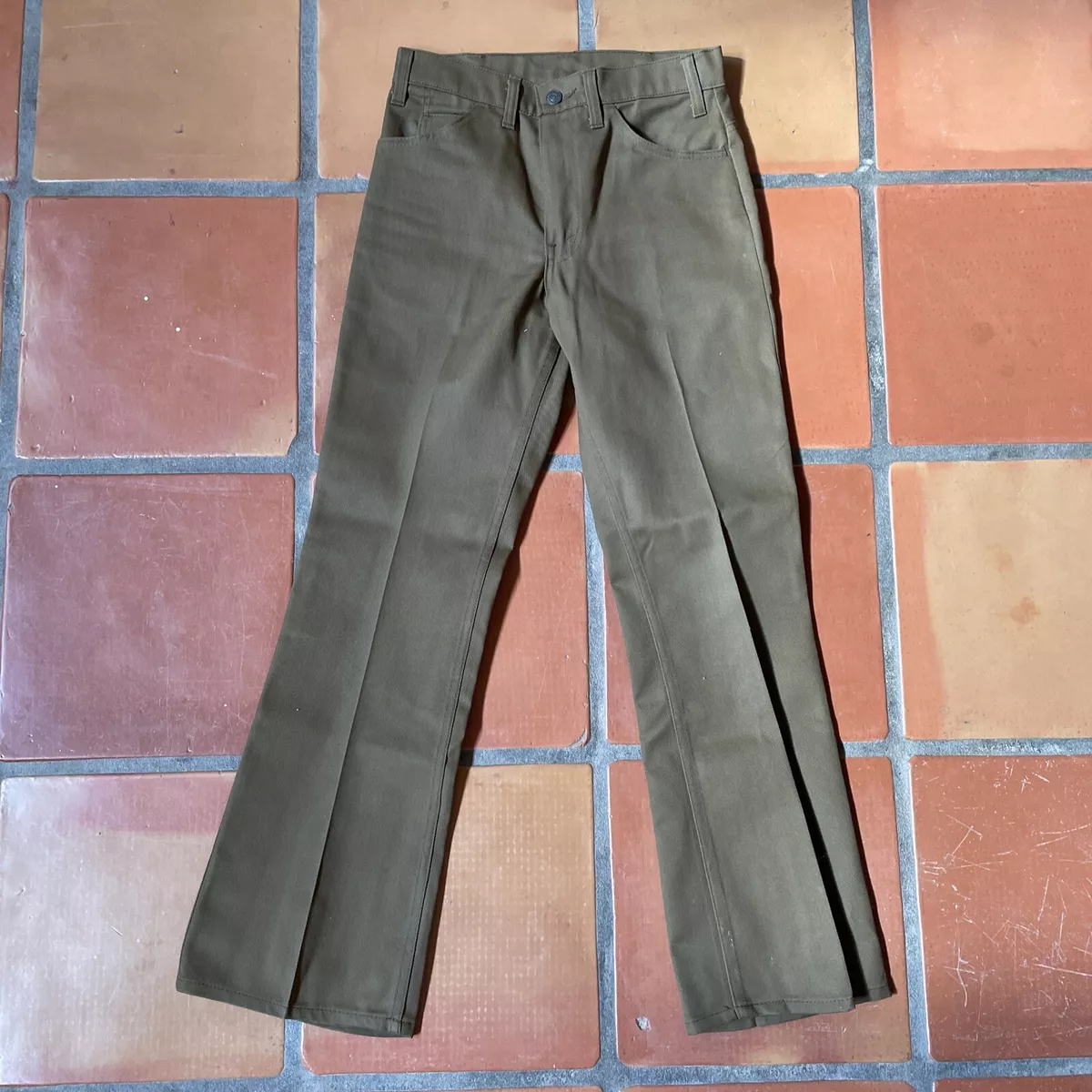 Vintage Levis Sta-Prest Bell Bottom Pants Sz 28x28 Big E Olive Brown Hippy  Flare