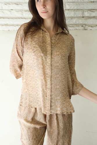 100% Crepe Silk Beige Pajama Set With Belt Women Dress Paisley Printed MG1110 - Picture 4 of 13