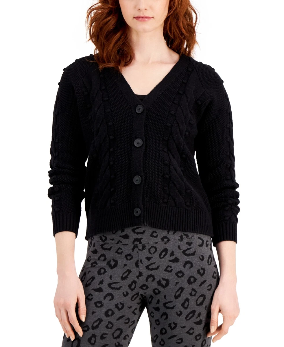 Style & Co (J23-39*) Cotton Blend Cable-Knit Cropped Cardigan Black Sz L $59.50