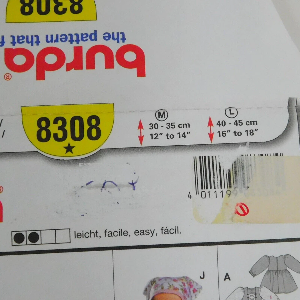 Burda 8308 Craft Doll Clothes Pattern Size 12"-18" Uncut Dress Costume Backpack - Image 4 of 4