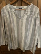 Splendid Women's Plus Size XXL V Neck White Striped 3/4 Sleeve Top Blouse