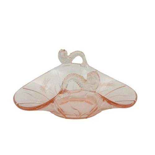 FENTON PINK GLASS 6 3/8" DOLPHIN HANDLED BON BON CANDY DISH w/ FLOWER ETCHING