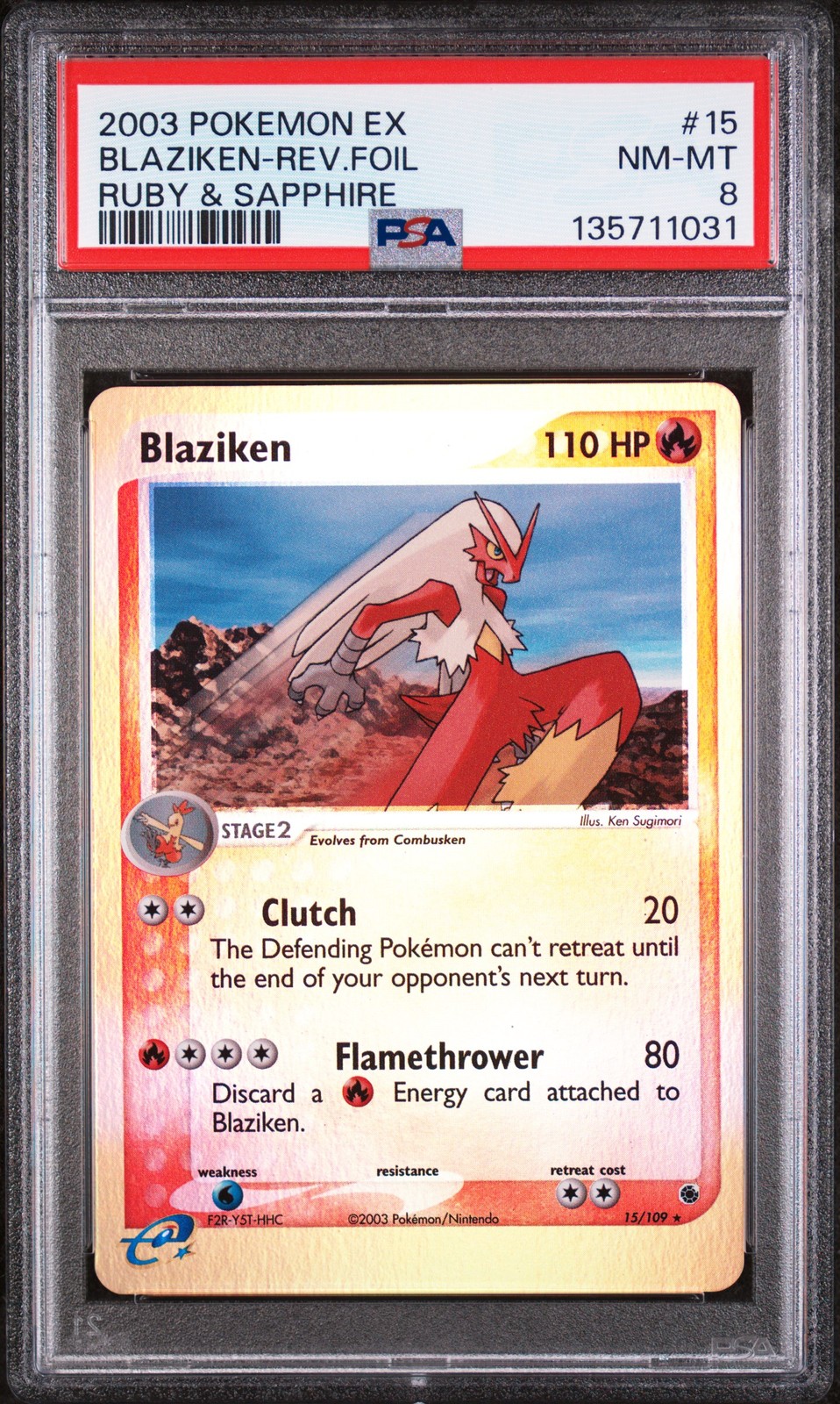 2003 POKEMON EX RUBY & SAPPHIRE #15 BLAZIKEN-REVERSE FOIL PSA 8