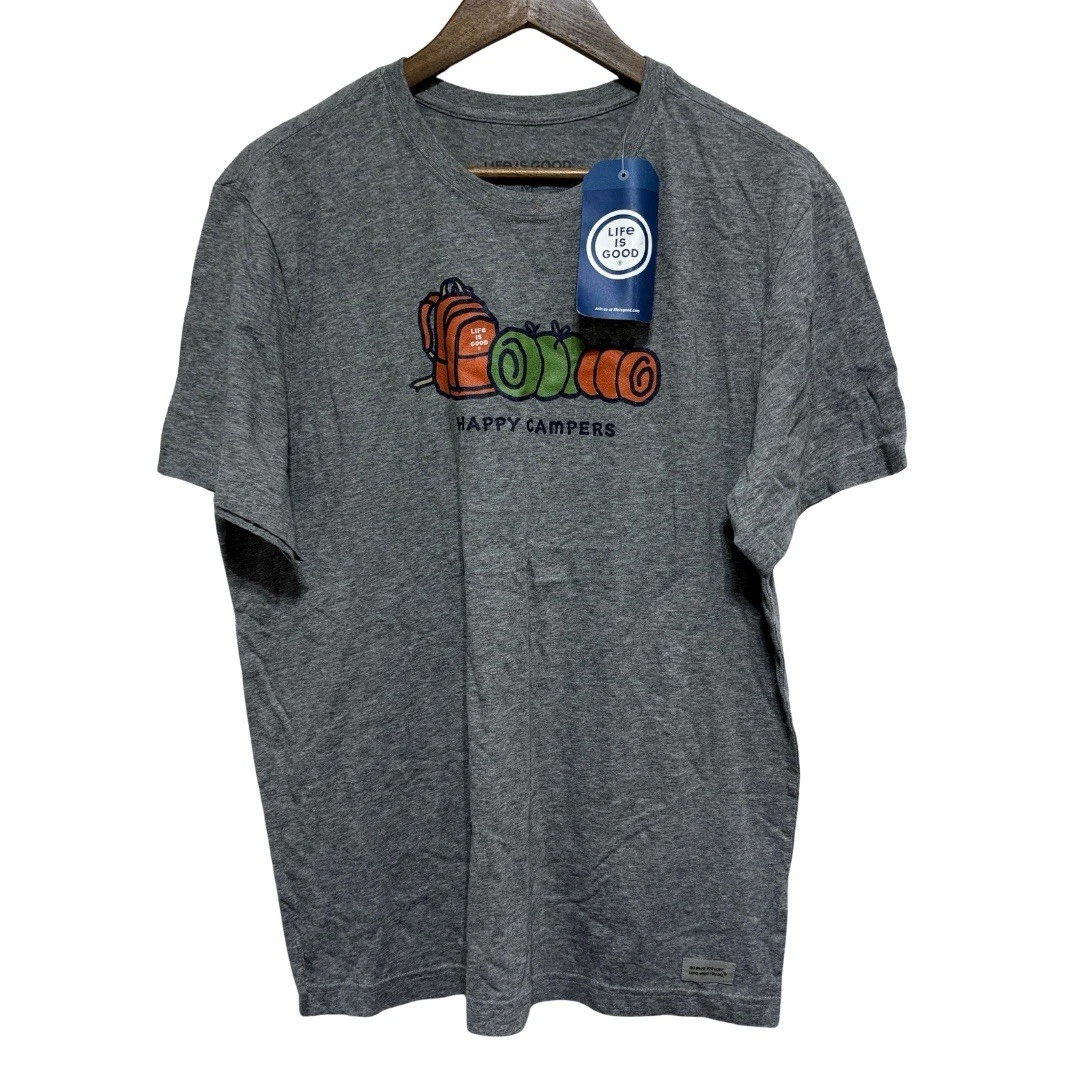 Life Is Good TShirt Mens M Gray Camping Graphic Short Sleeve Cotton Crusher Lite