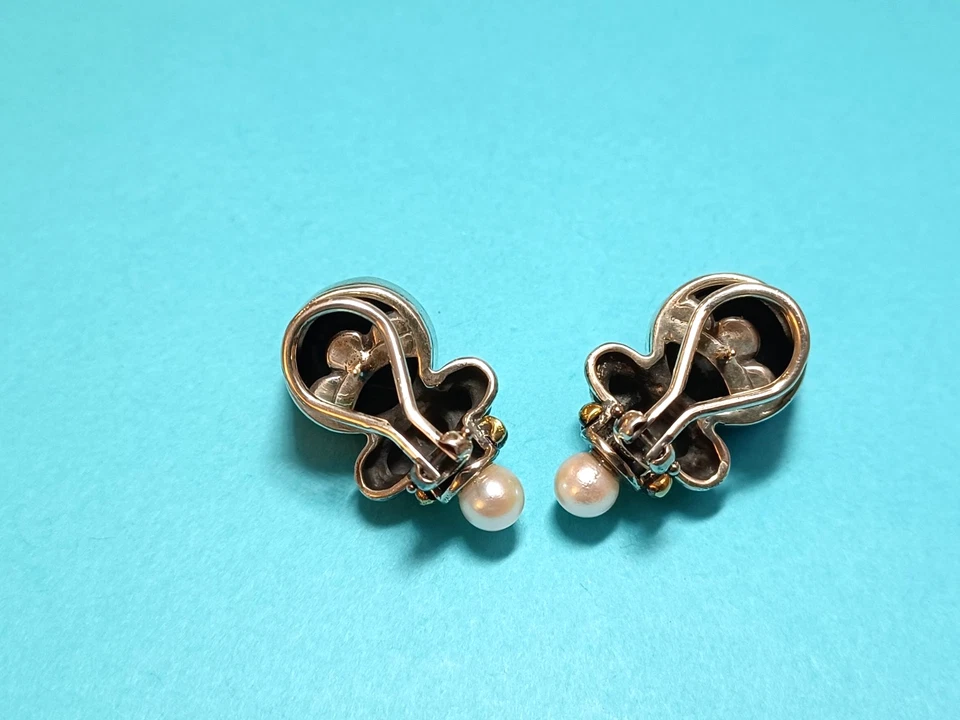 LAGOS Caviar Black Onyx  Pearl Sterling Silver 18k Gold Earrings, omega back - Image 3 of 4