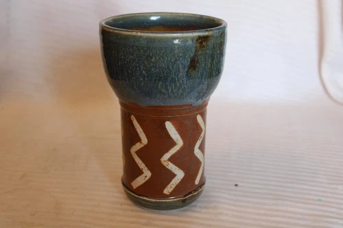 Vintage Hand Made Pottery Mug Multicolored Greens & Brown, Signed 6.25" Tall