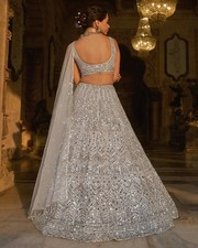Women Designer Silver Faux Georgette Lehenga Choli Sequins Embroidery Semi Stitc