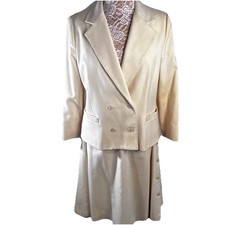 Vtg John Meyer Double Breasted 100 Wool Blazer/Skirt Suit Ivory Tailored 14/16
