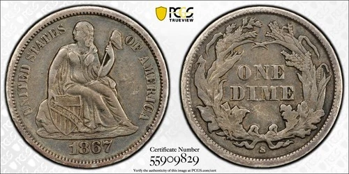 10c 1867-S Seated Liberty Dime PCGS XF45 RARE LOW MINTAGE *  AvenueCoin