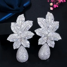 Chunky Luxury Silver Plated Cubic Zircon Leaf Long Drop Earrings for Women Party