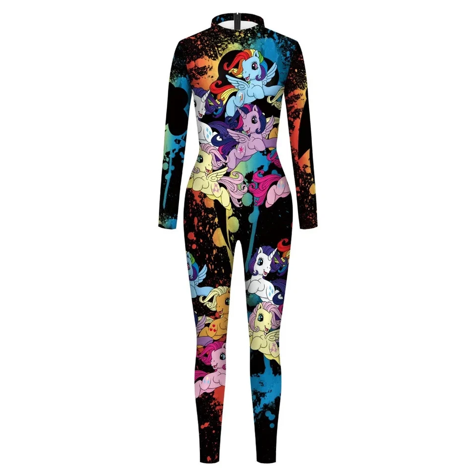 Female Rainbow Unicorn Print Bodysuits Women Back Zipper Party Slim Jumpsuits - Image 4 of 4