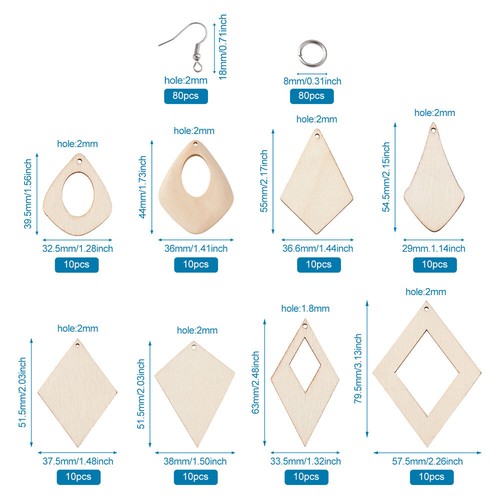 Kit de fabricación de pendientes de madera sin terminar forma mixta hágalo usted mismo colgantes en blanco artesanales - Imagen 11 de 25