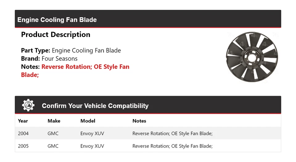 Hoja de ventilador de refrigeración del motor GMC Envoy XUV 2004-2005 4 estaciones Foto 2 de 4