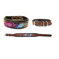 Ridex Leather Dog Collar Western Style Heavy Duty Multicolor Hand Tooled/Painted