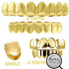Real 925 Sterling Silver Gold Plated GRILLZ - Hip Hop Grills 6 8 Or Single Teeth