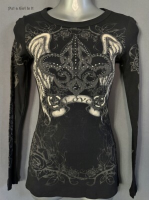 USA New VOCAL Juniors CRYSTAL BLACK FLEUR DE LIS WINGS LONG SLEEVE SHIRT S Small