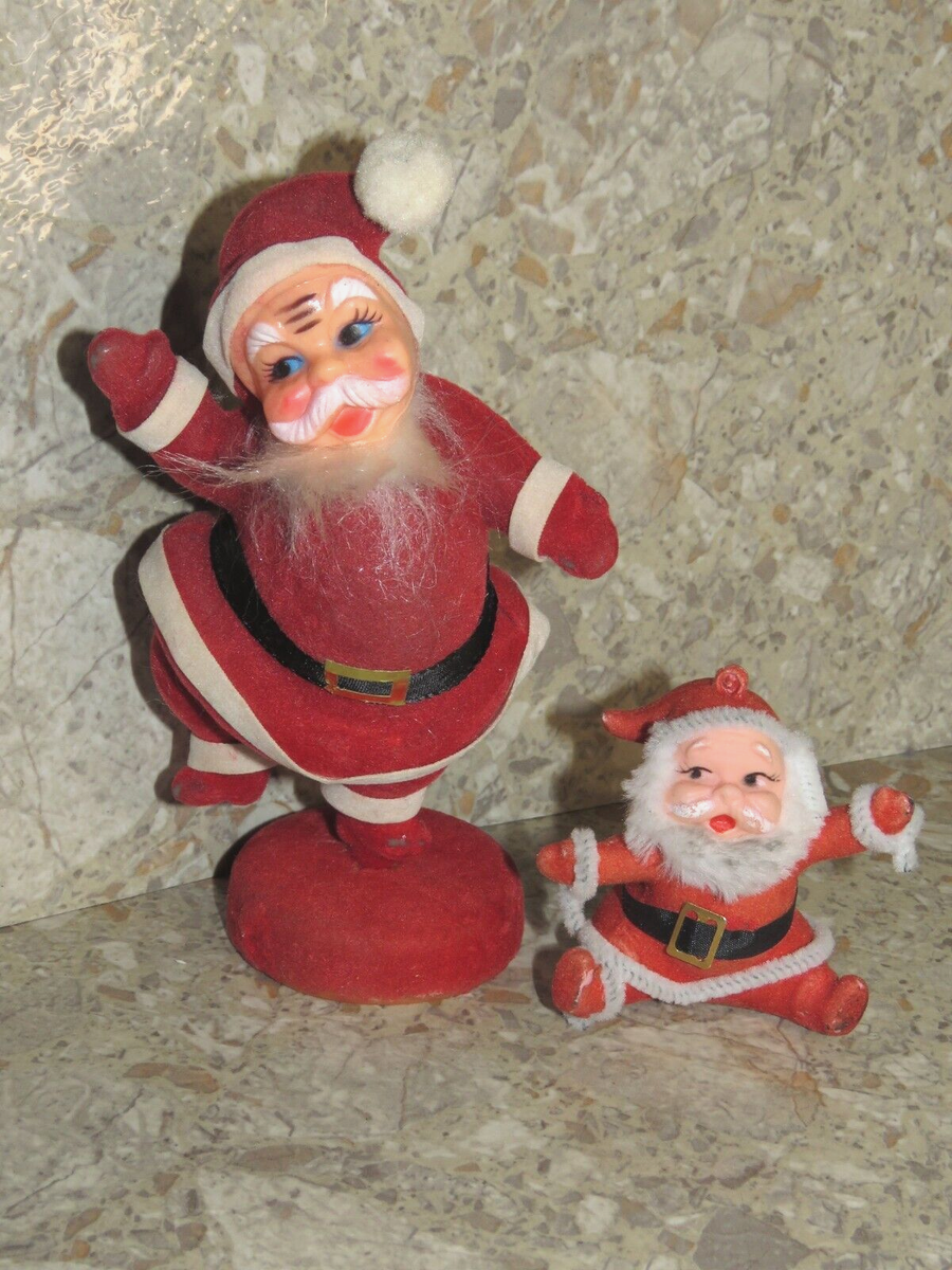 VTG Lot 2 Red Flocked Santa Claus Dancing Waving 7