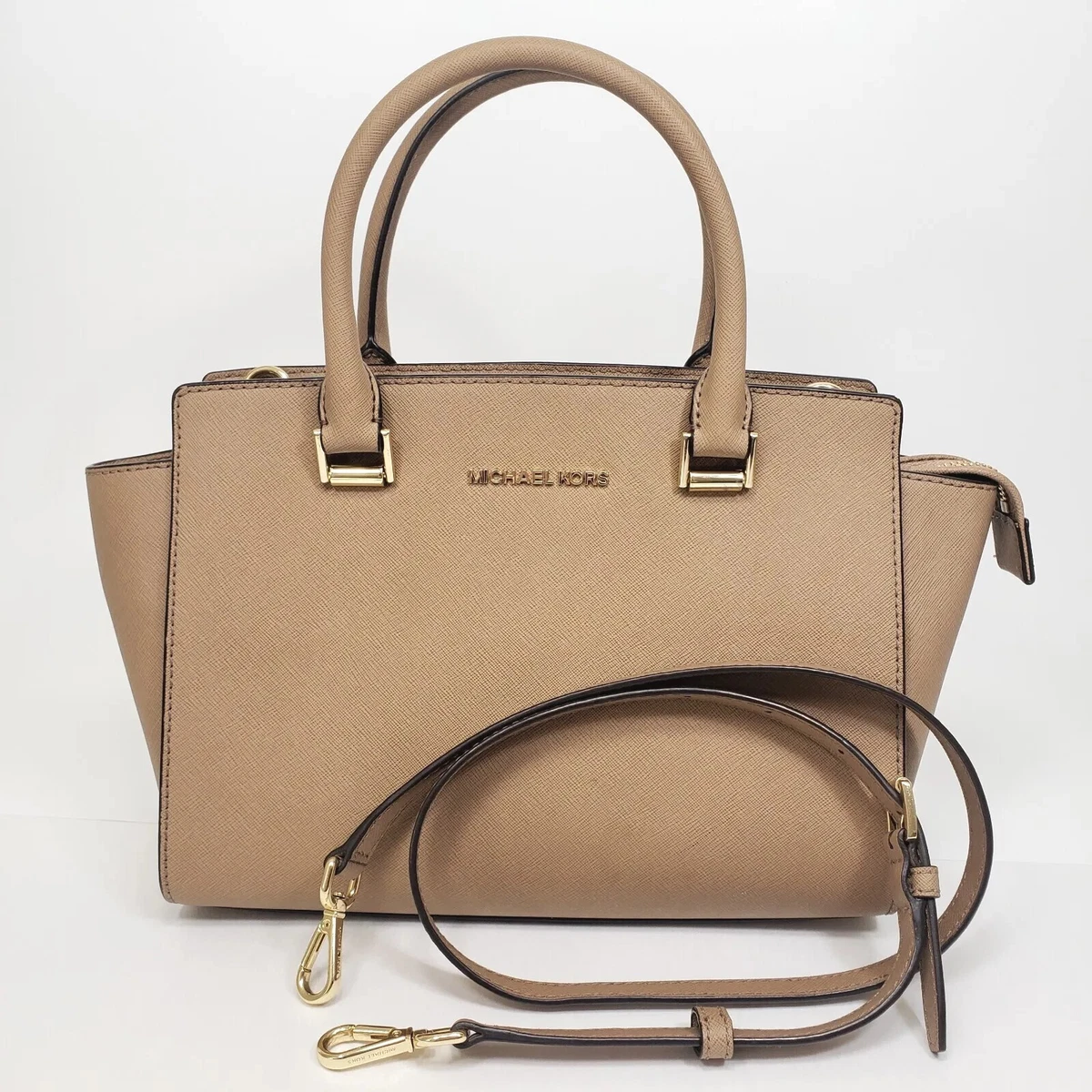 Michael Kors Selma Mini Saffiano Leather Messenger Bag in Pale Gold