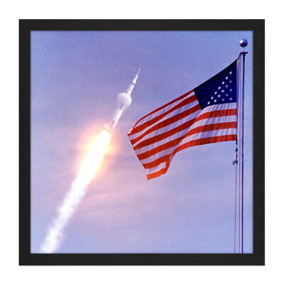 Space NASA Apollo 11 Saturn V Rocket Launch Flag Photo Square Framed Wall Art