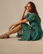 NEW Anthropologie 10 Floral Puff Sleeved Cut Out Midi Dress Green Handkerchief