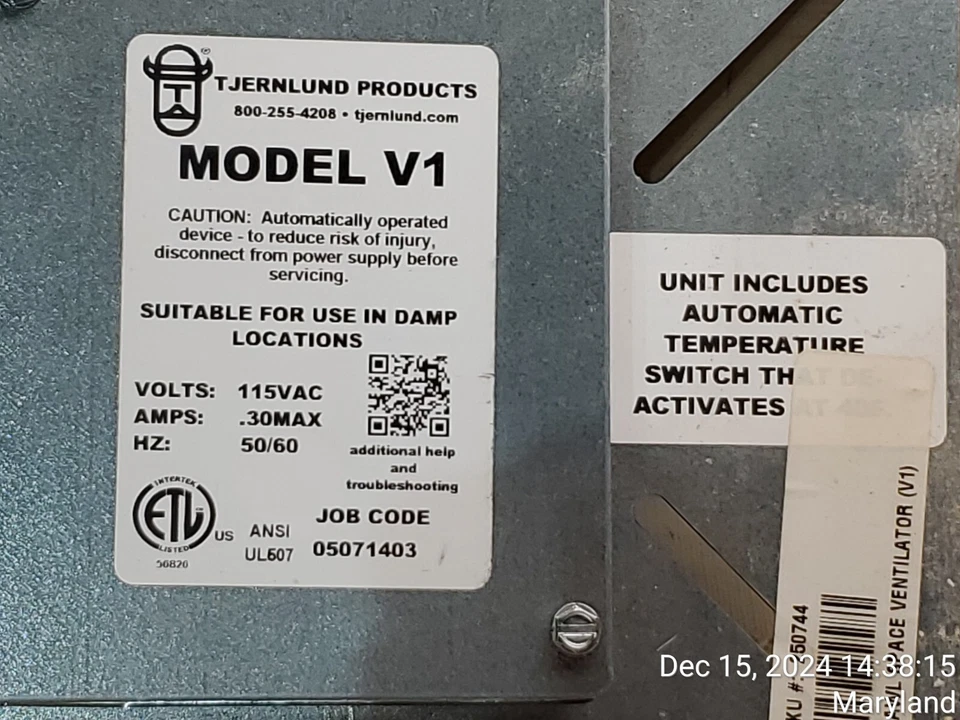Tjernlund Model V1 Crawl Space Ventilator 110 CFM - Image 2 of 4