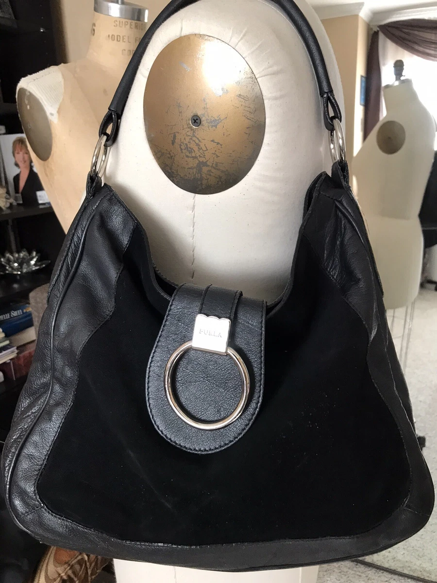 Furla Black Black Leather Suede Hobo Shoulder Handbag Made In Italy