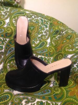 GIANNI BINI NOAH BLACK PLATFORM LEATHER SLIP ON HEELS MULES