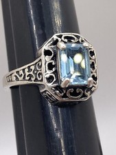 Vintage Sterling Silver Light Blue Topaz Ring Size 7 Filigree. Estate Find