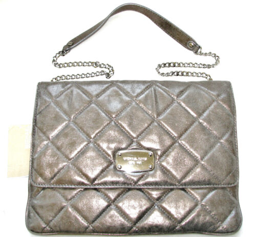 NEW-MICHAEL KORS HAMILTON QUILT NICKEL LEATHER+SILVER CLUTCH, SHOULDER/HAND BAG - Picture 1 of 4