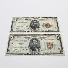 1929 $5 Federal Reserve Chicago IL Consecutive National Currency Lot of 2 #C-244