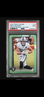 2025 TOPPS CHROME 178 BROCK BOWERS GREEN FOOTBALL LEATHER /99 PSA 9 POP 1 🔥🔥