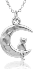Stainless Steel Cat on Crescent Moon Necklace, Handmade Celestial Charm Jewelry