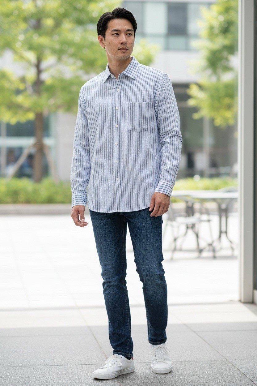 Michael Kors Mens Blue White Striped Cotton Long Sleeve Button Down Shirt
