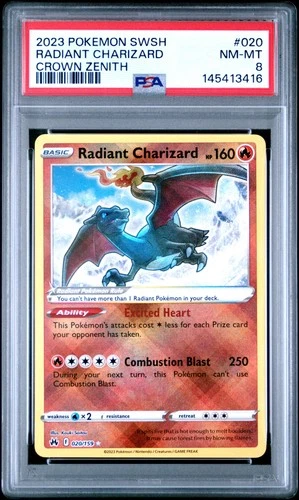 2023 POKEMON SWORD & SHIELD CROWN ZENITH #020 RADIANT CHARIZARD PSA 8