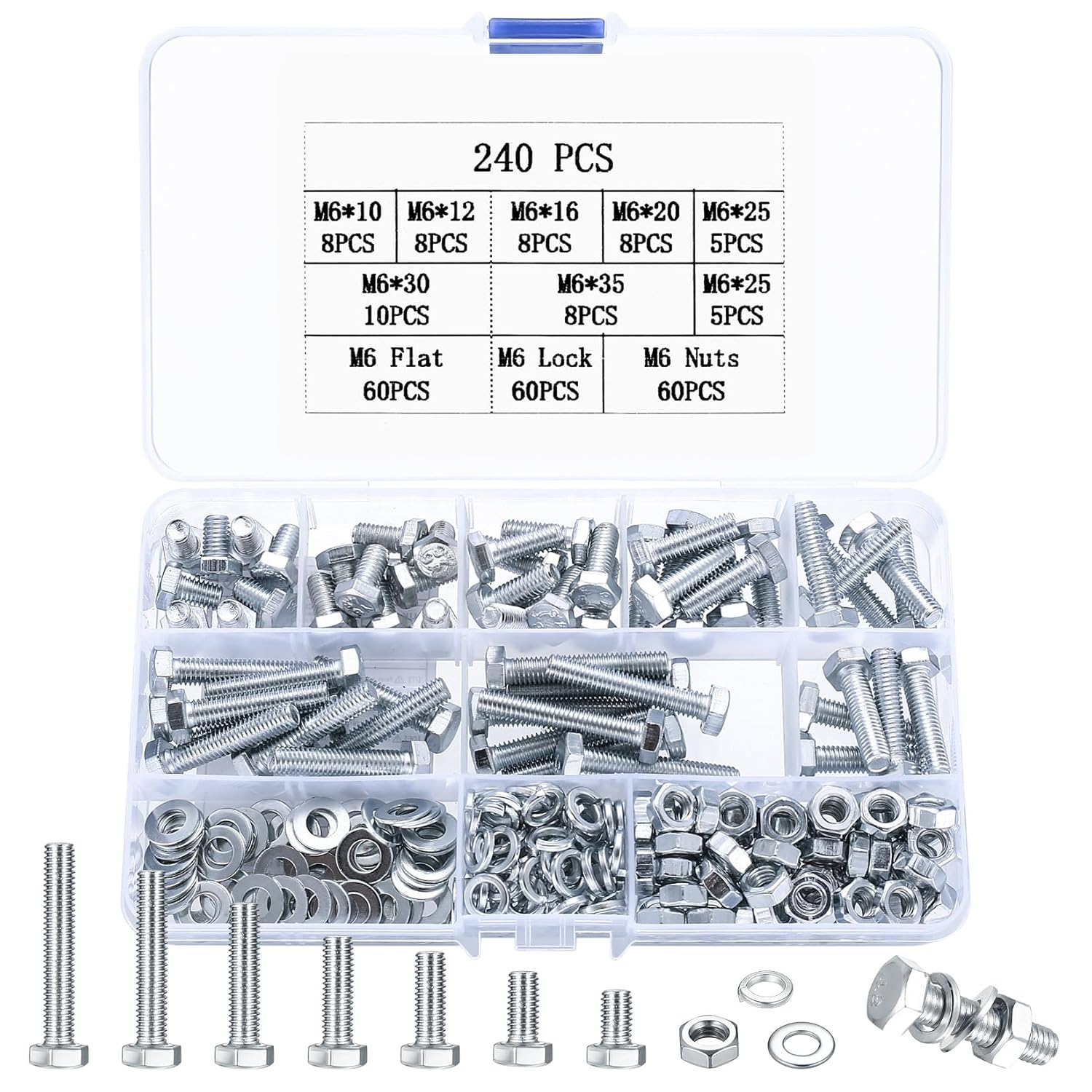 240 Pcs M6 Hex Bolts Nuts Washers Set Fully Threaded Machine Screw Assortment Ki