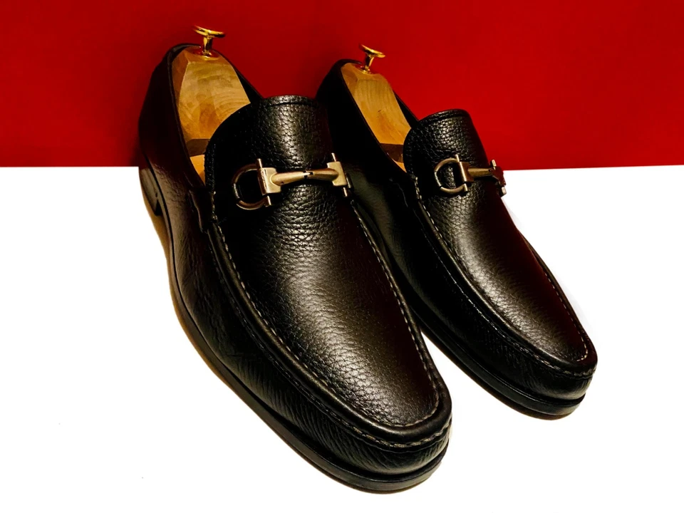 $859.00 !!FERRAGAMO LUXURY MEN BLK PEBBLED LEATHER SILVER BIT LOAFERS SHOES 9 EE - Image 3 of 4