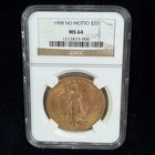 1908 No Motto US $20 Saint Gaudens Double Eagle Gold Piece NGC MS64