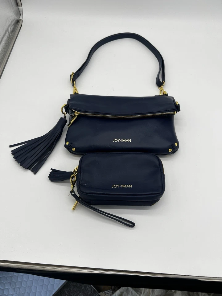 Joy-&-Iman-Azul Marino-Cuero-Pliegue-Crossbody-con-Muñequera-Juego-Dorado-Hardware Foto 2 de 4