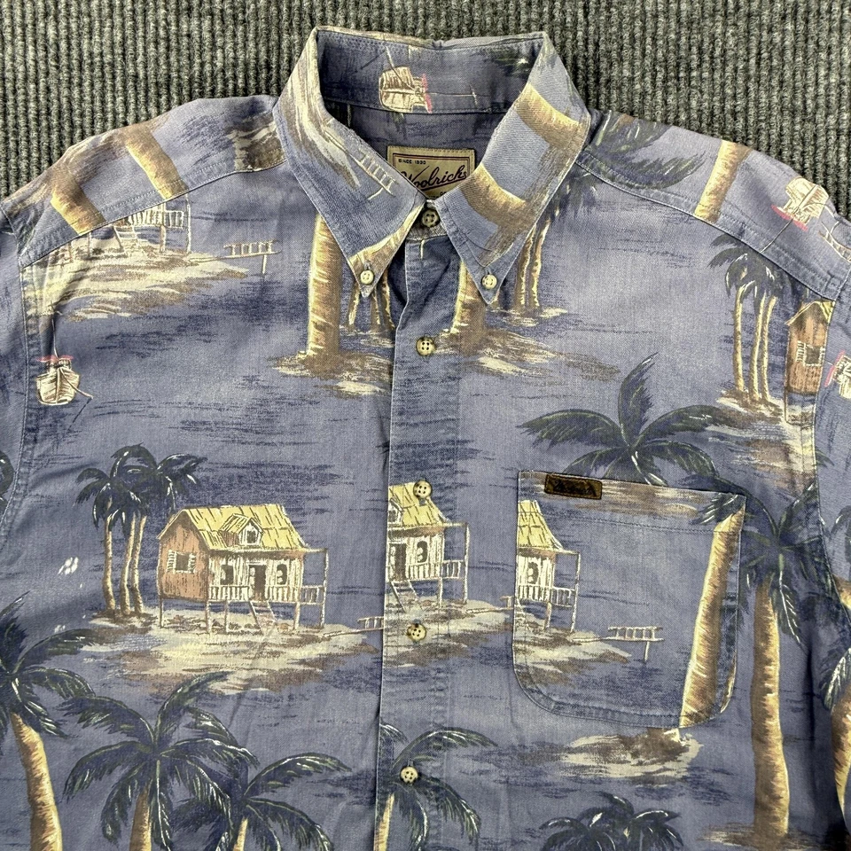Camisa de Colección Woolrich Para Hombres Grande Azul Hawaiana Aloha Abotonada Algodón Palmeras Foto 3 de 4