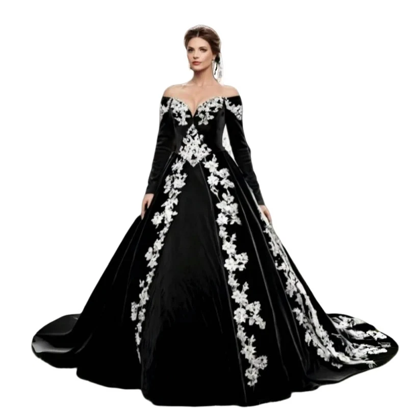 Black Gothic Wedding Dress Off-Shoulder Long Sleeve Ball Gown Vintage Bridal - Image 2 of 4