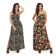 Long Summer Maxi Dress Ladies Aztec Rose Print Bandeau Beach Dresses Black